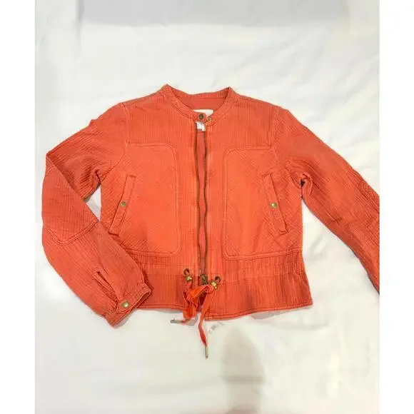 Anthropologie Coral Orange Joyce Quilted Textured Moto Full Zip Jacket- Size XS - Picture 1 of 9